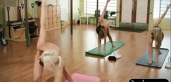  Blonde yoga trainer teaching new techniques to two hotties